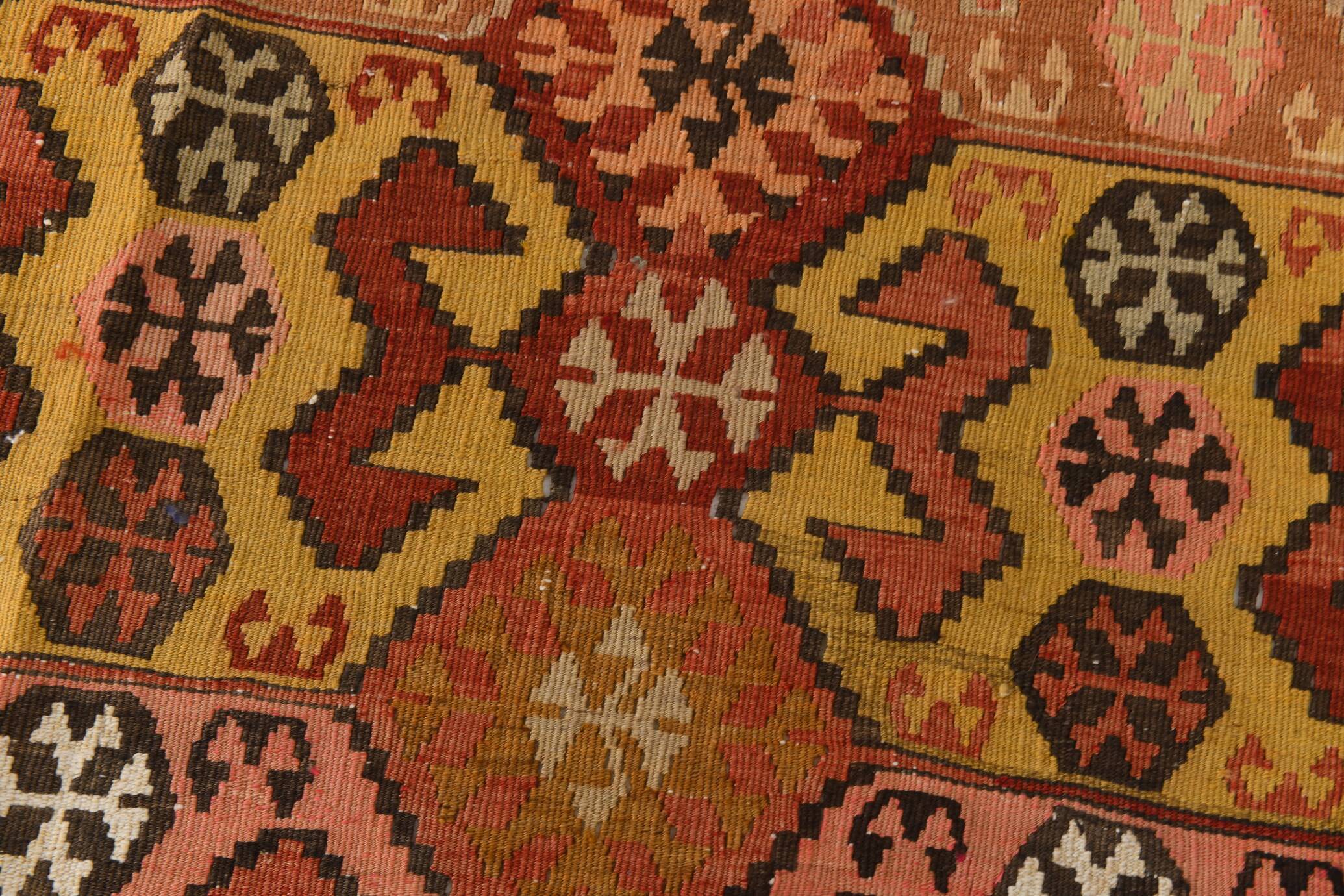 Tapis Kilim couleur terre cuite 212x438Cm, tapis en laine tissé à la main, tapis Oushak