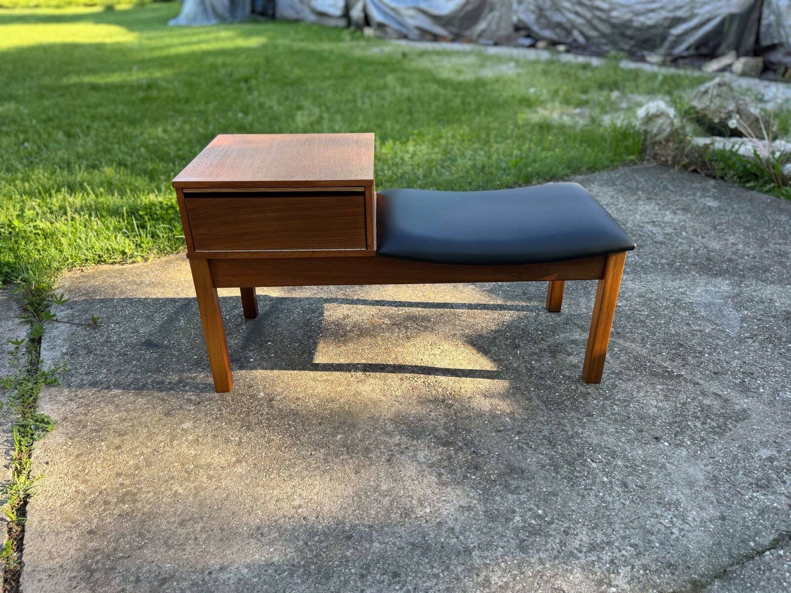 Vintage teak telephone bench with vinyl seat, 1960s