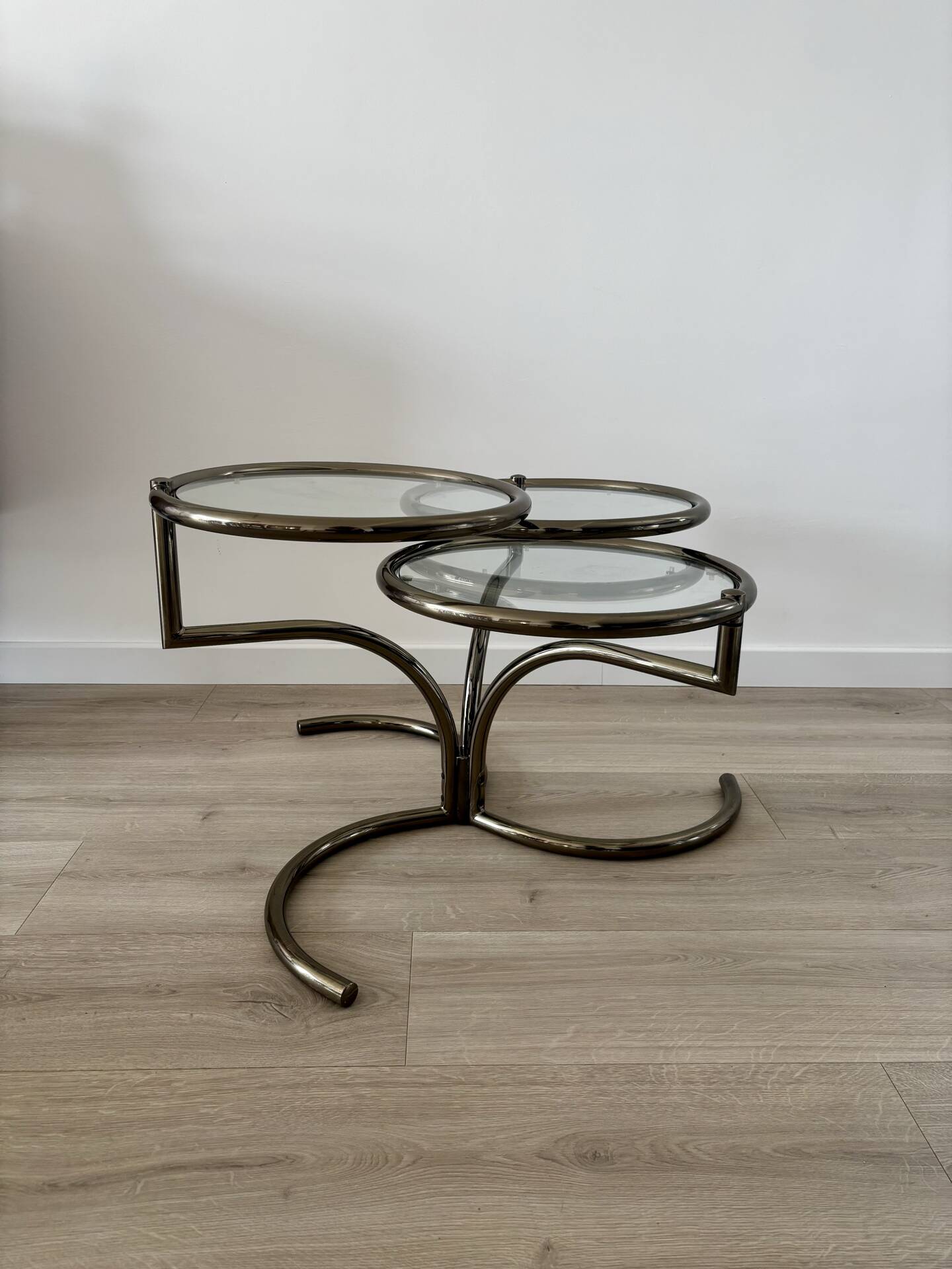 Table basse Morex attribuée à Milo Baughman années 70 3 plateaux