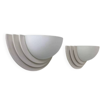 Pair of vintage geometric wall lights, plaster and sandblasted glass, France 1970