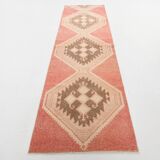 3x11 Faded Pink & Brown Vintage Ruuner, Turkish Wool Runner Rug, 91x328Cm