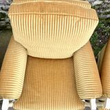 Pair of cosy armchairs by Jean Prevost in mustard velvet, 1970.