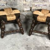 Set of 2 stools in wood and woven straw vintage 1960