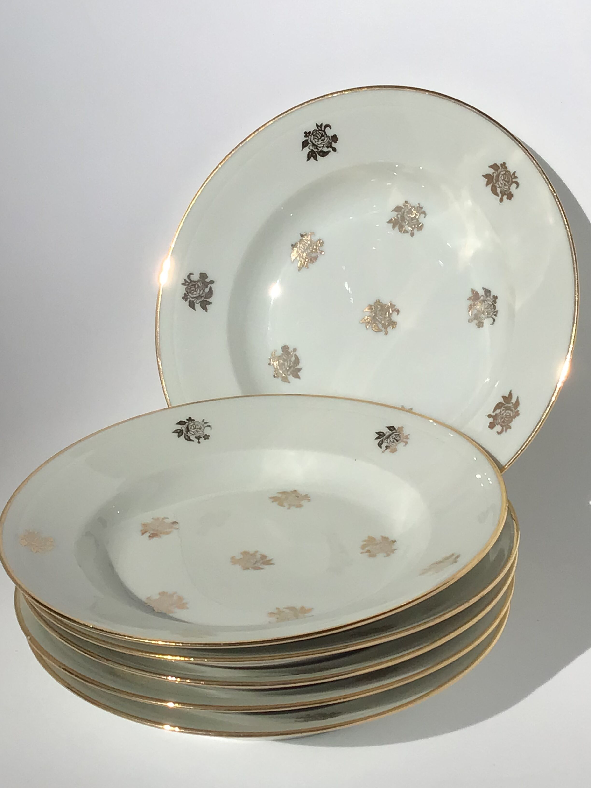6 assiettes creuses porcelaine ivoire décor or roses