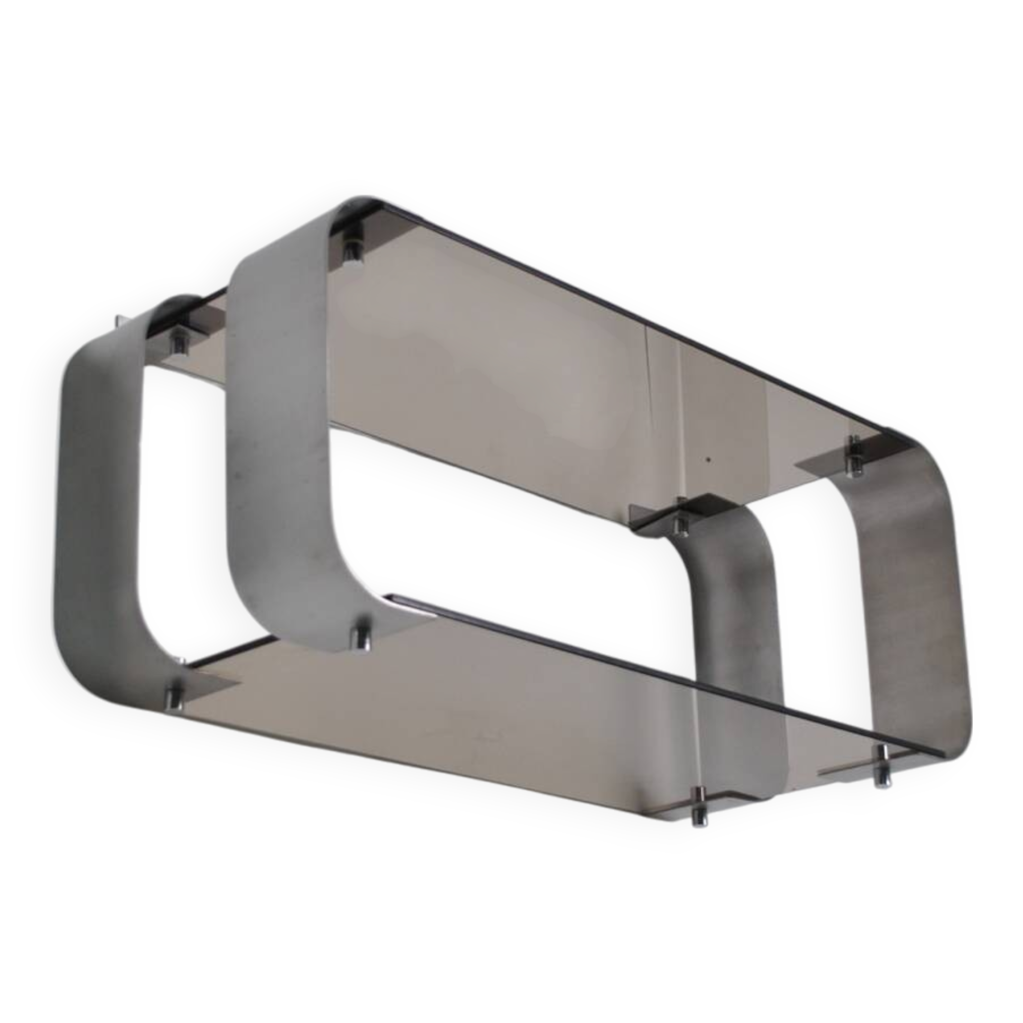 Brushed steel and smoked glass shelf, Donald Singer, 1970