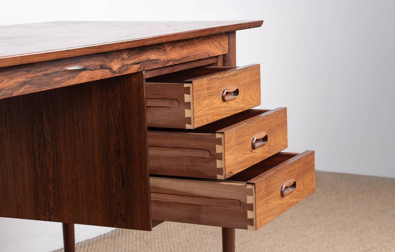 Danish extendable desk, Rosewood and Brass, model OS 51, Arne Vodder.