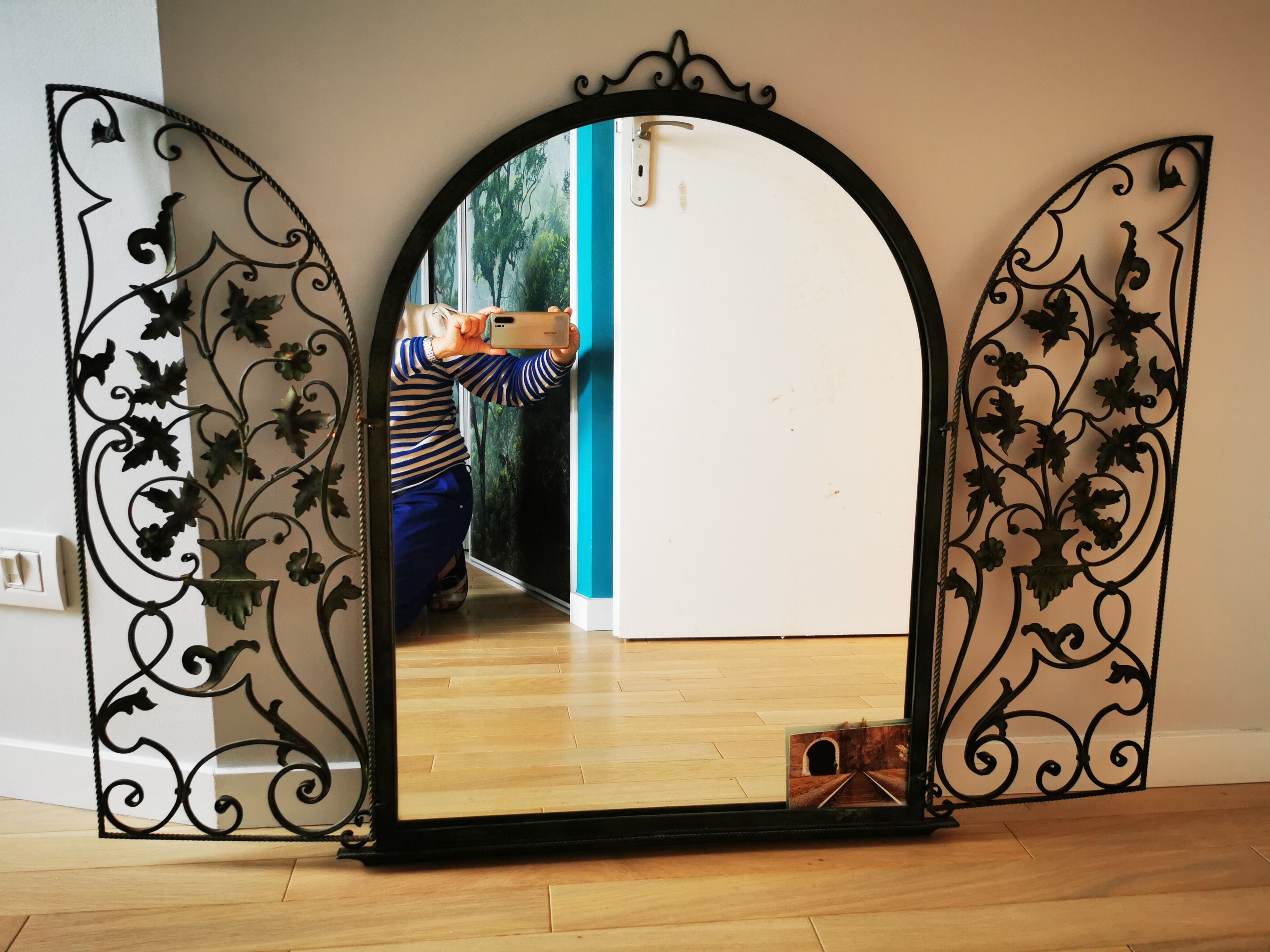 Console and mirror set - wrought iron and marble - 30s