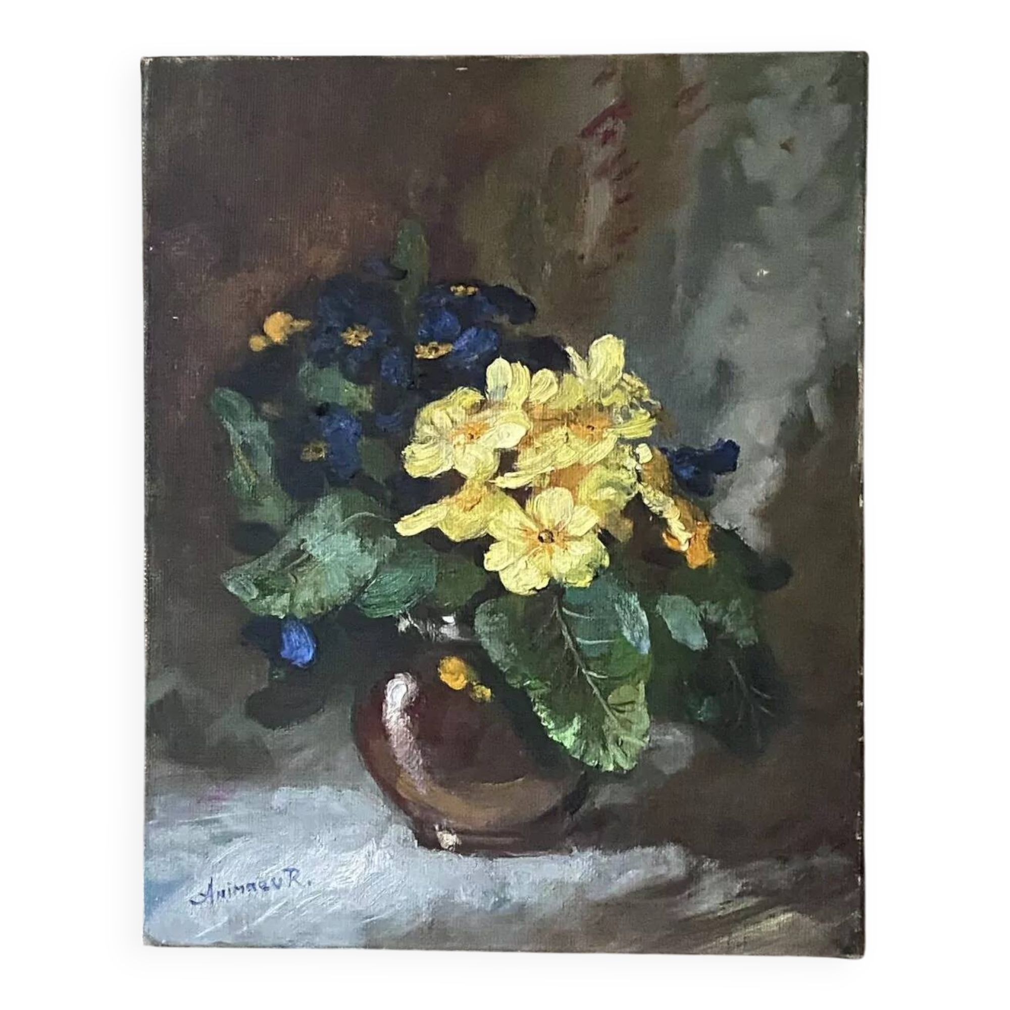 Old painting primroses signed Rinat Animaev – Russian school – oil on