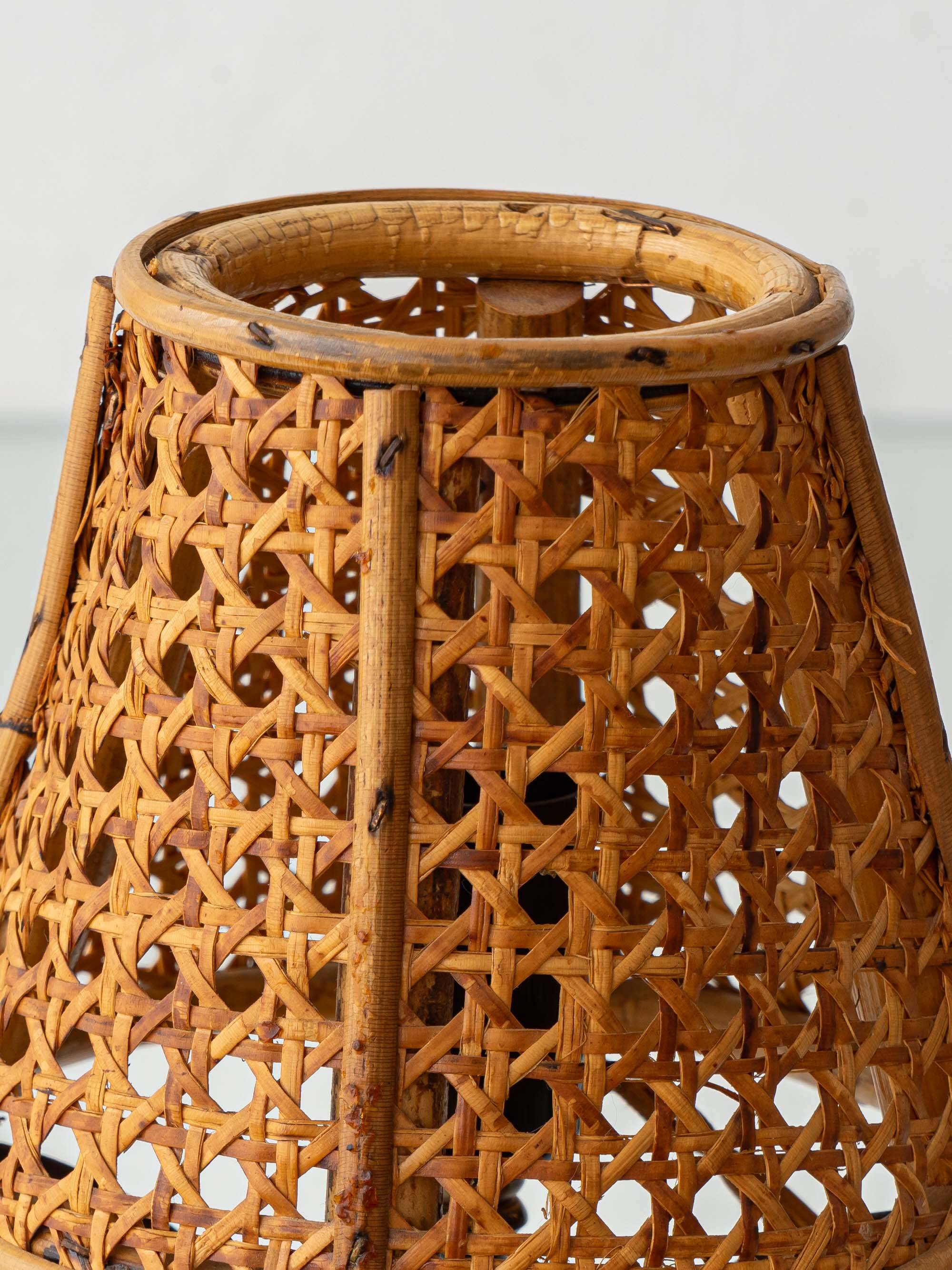 French Riviera Bamboo Rattan Table Lamps, Pair, Vienna Straw Shades, 1960s