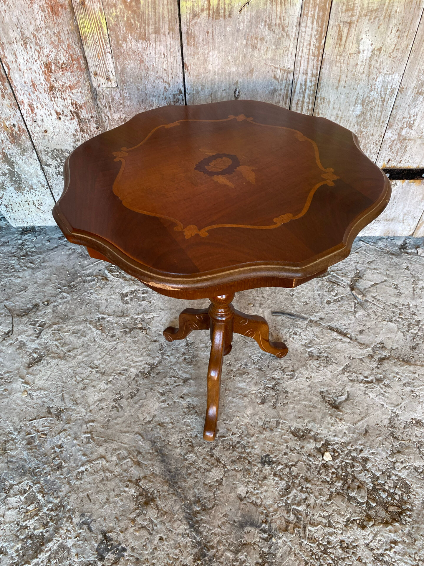Guéridon Ancien Table Appoint Tripode Bois +  Plateau Marqueterie Vint