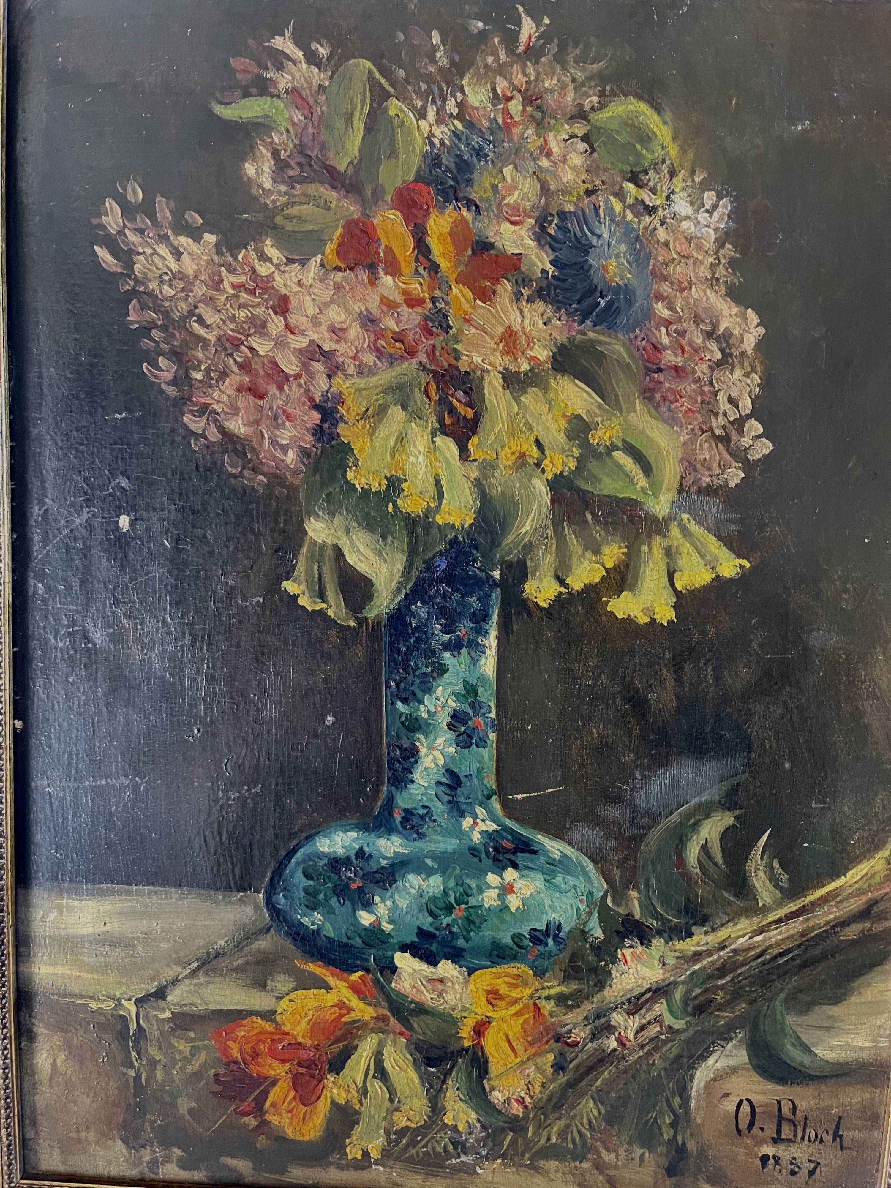 Still life with vase and bouquets of flowers