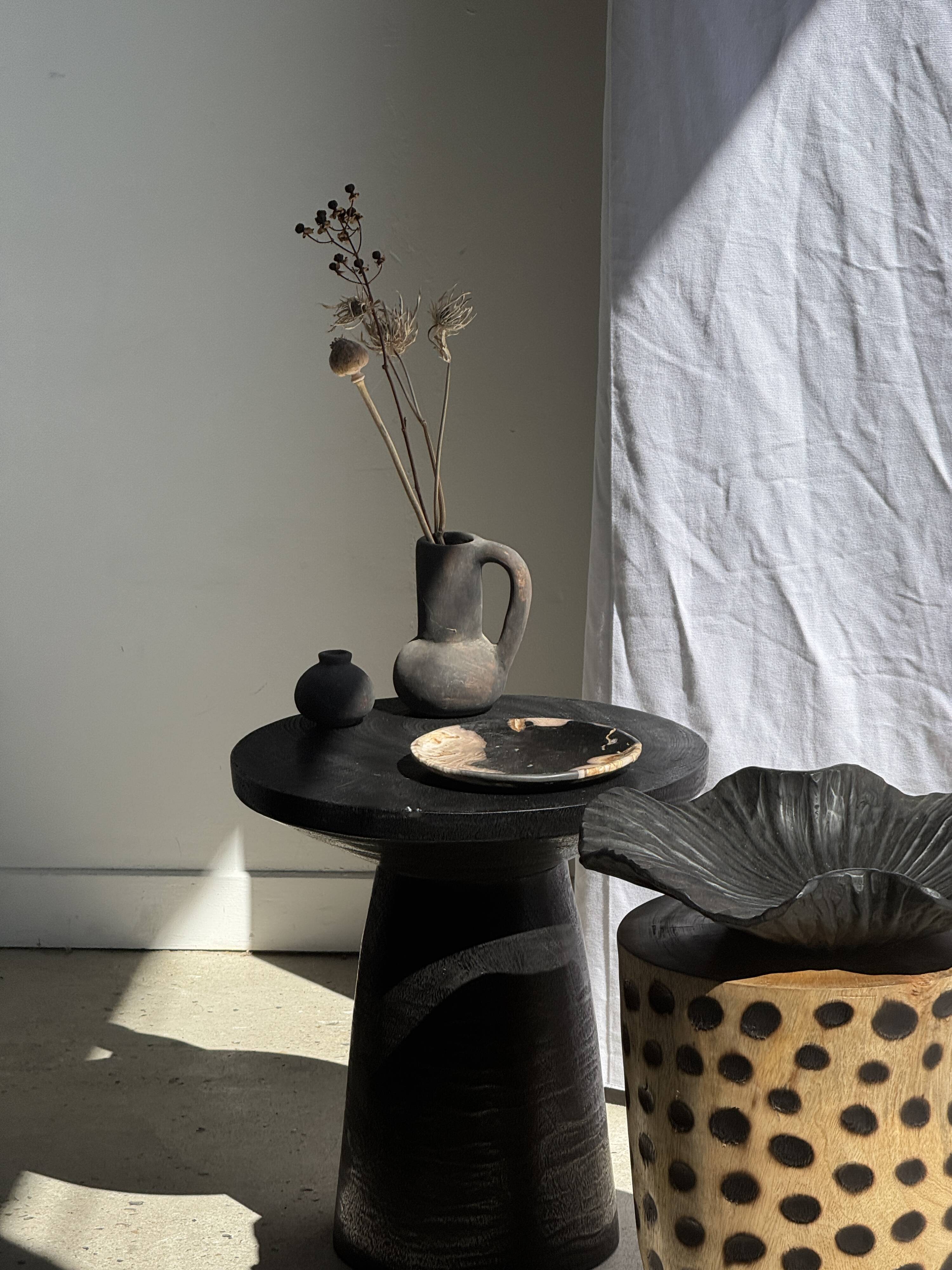 Stool, side table, cylindrical solid mango wood end table.