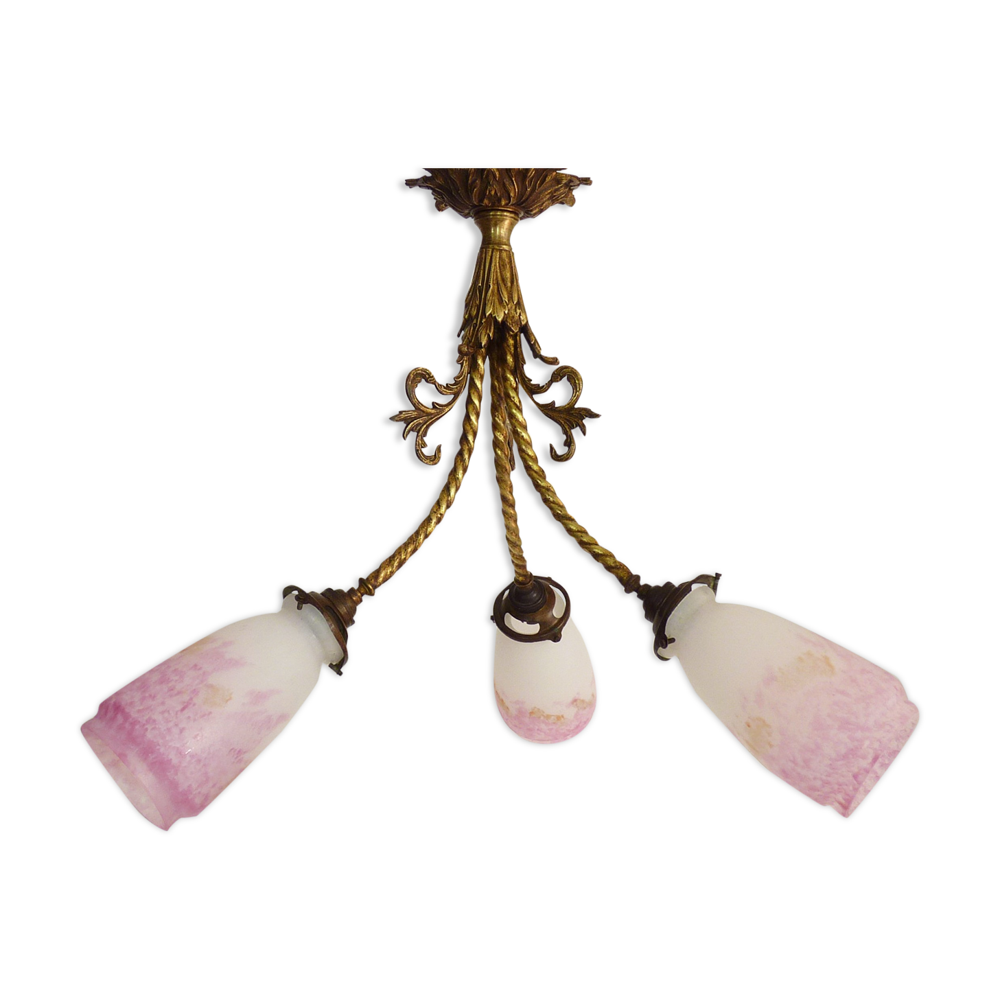 Art Deco chandelier in bronze with 3 tulips in pink glass paste. Signed L'Elf