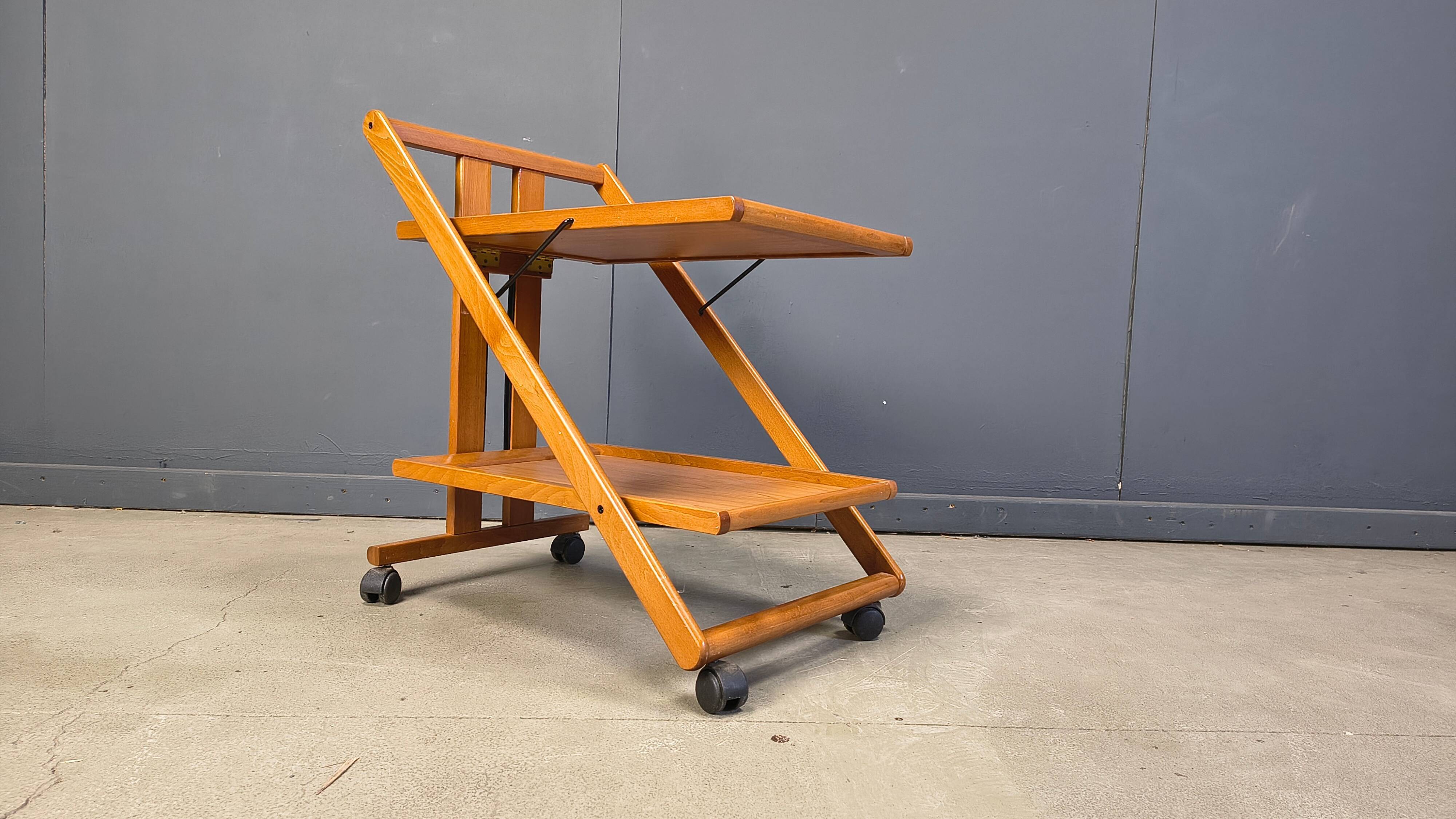 Vintage Italian foldable wooden serving cart, 1980s