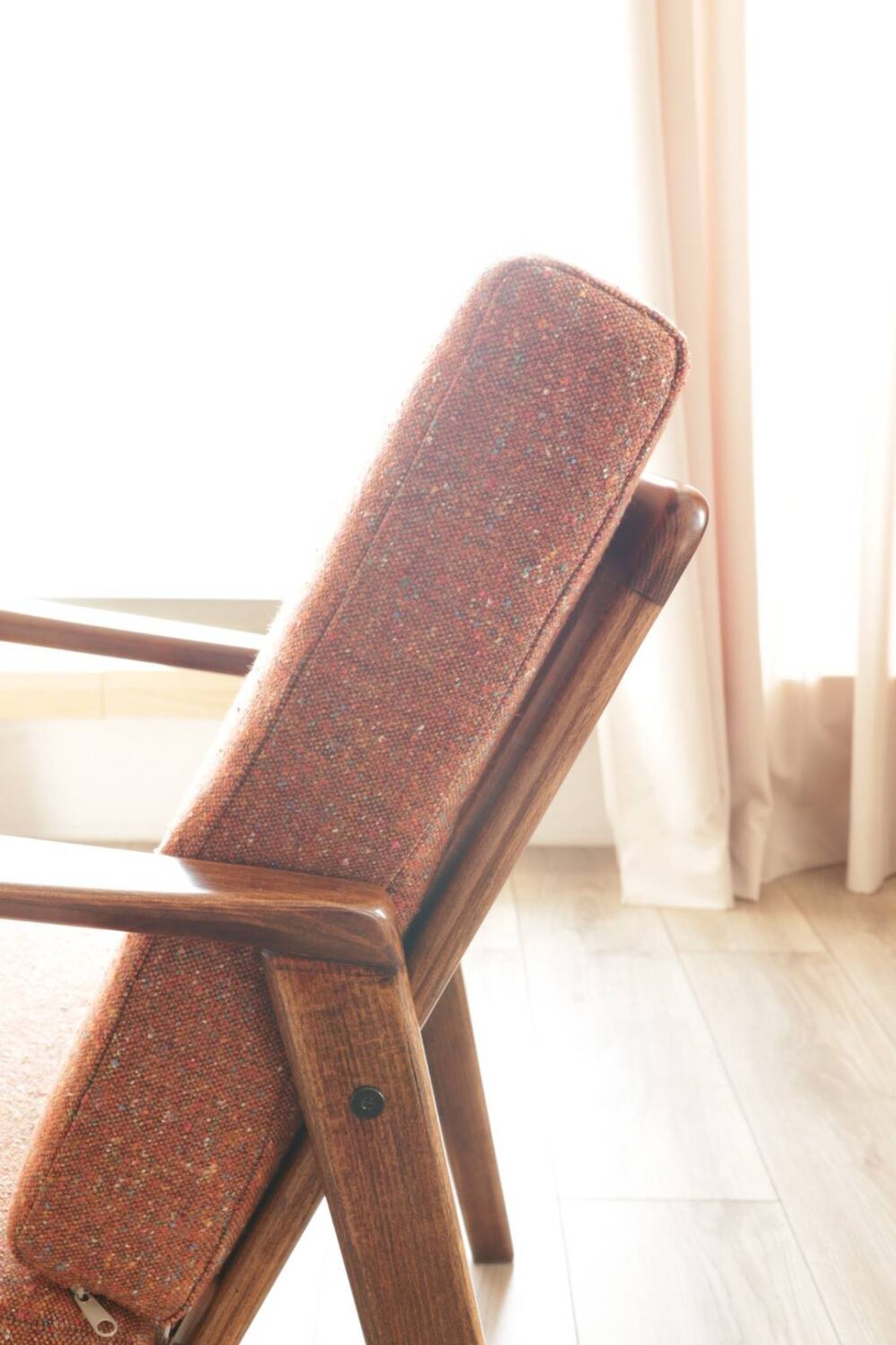 Vintage Wooden Armchair Tweed Upholstery Cushions Mid Century Design
