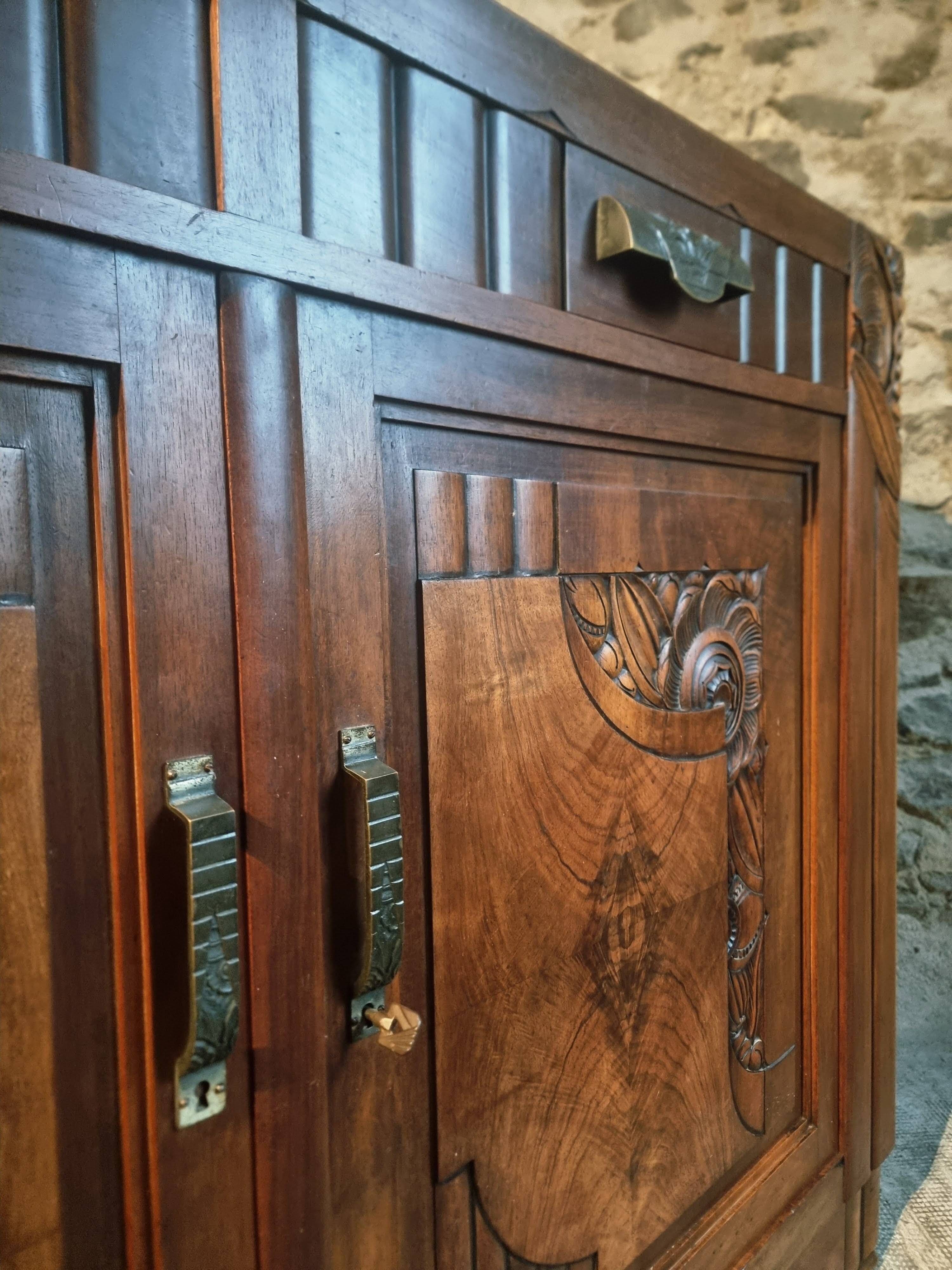 French Art Deco walnut sideboard with marble top (1930s)