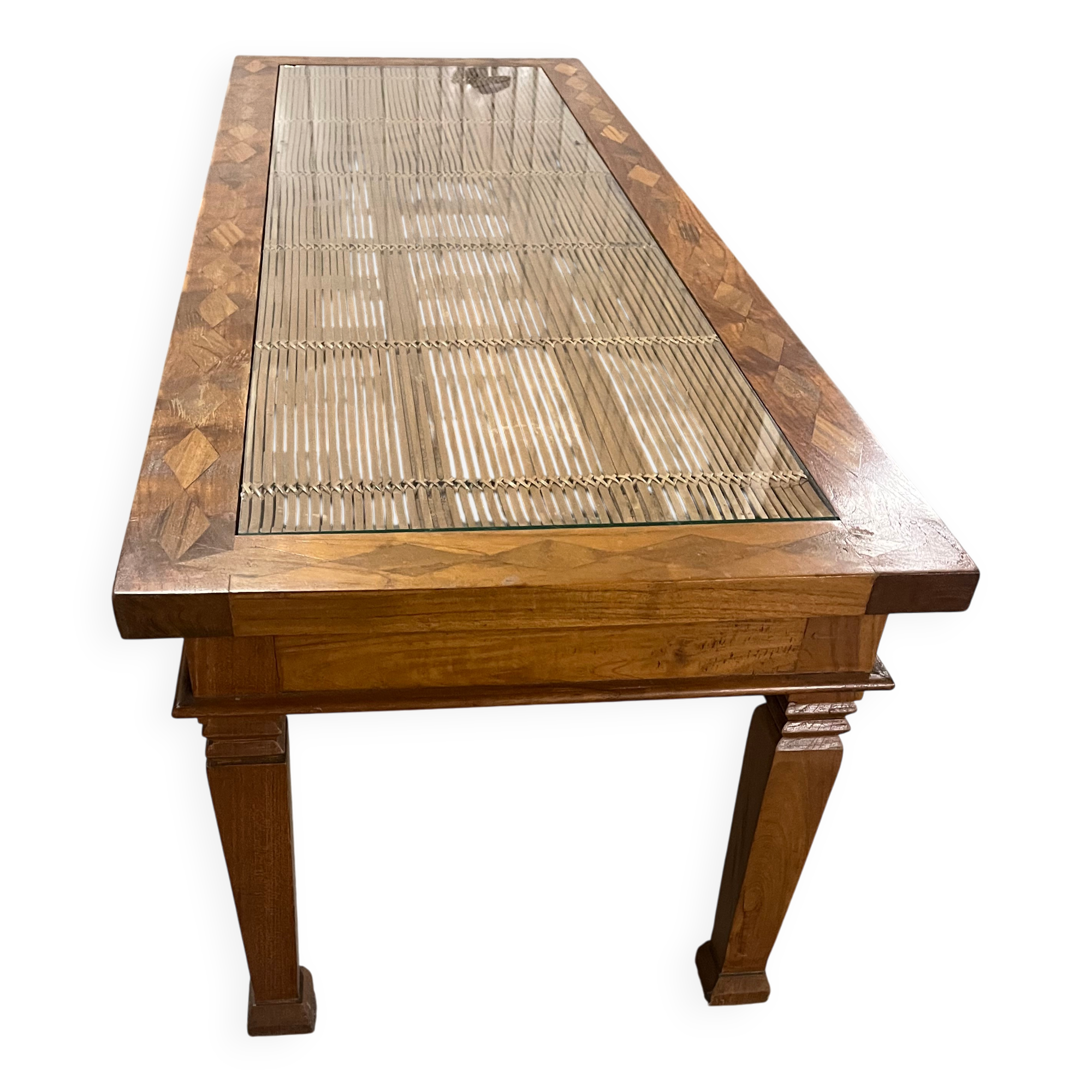 Colonial style teak coffee table - bamboo top under glass