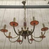 Brass and red plexiglass chandelier