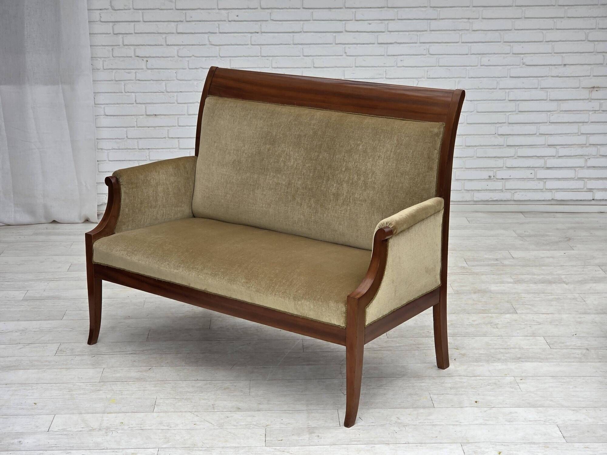 1950s, 2 seater Danish highback sofa, furniture velour, laqered teak wood.