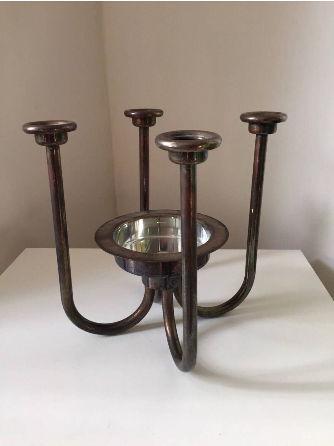 Large Swedish Silver-Plated Metal Candlestick, Modernist Vintage