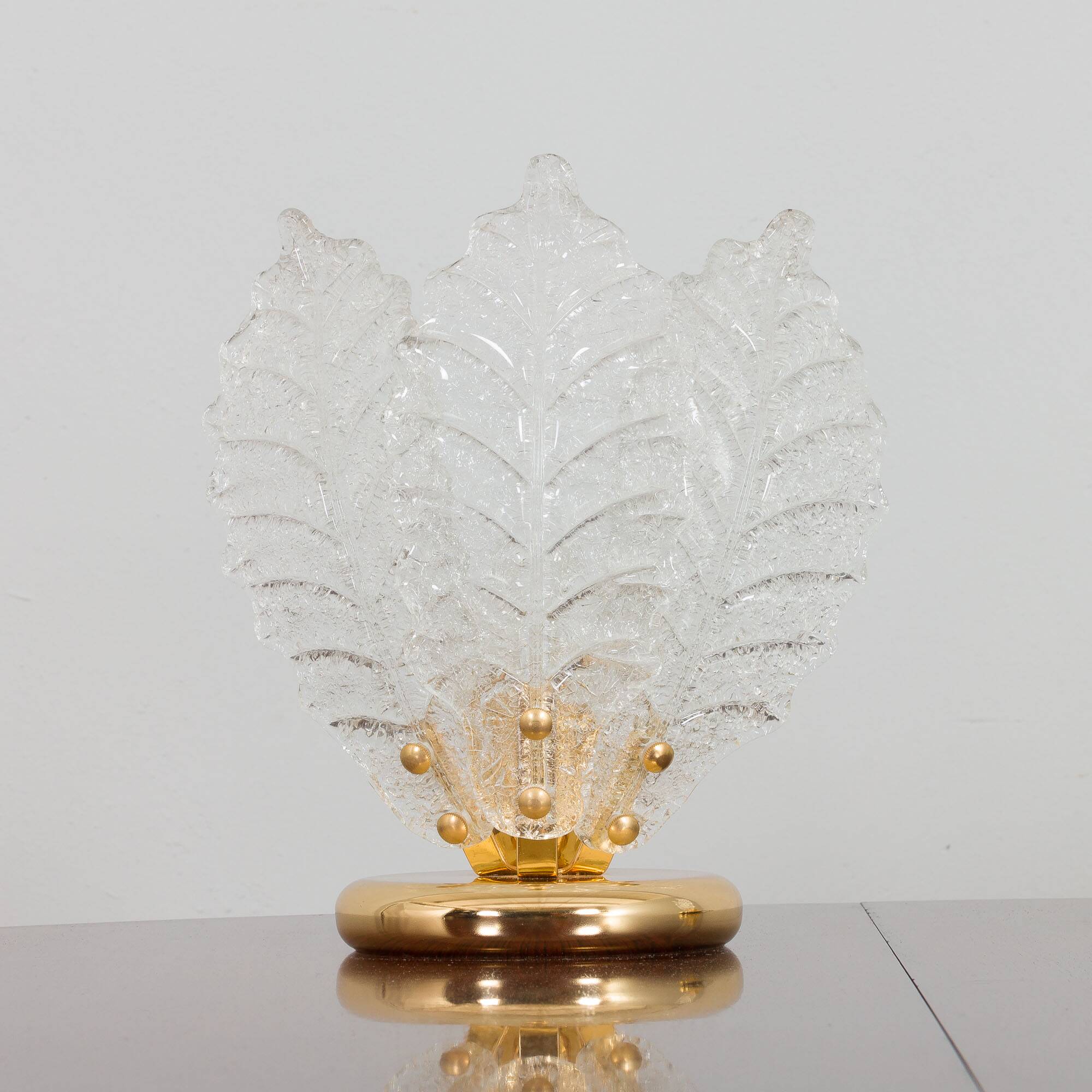 Pair of Italian brass and Murano glass leaf shaped table lamps