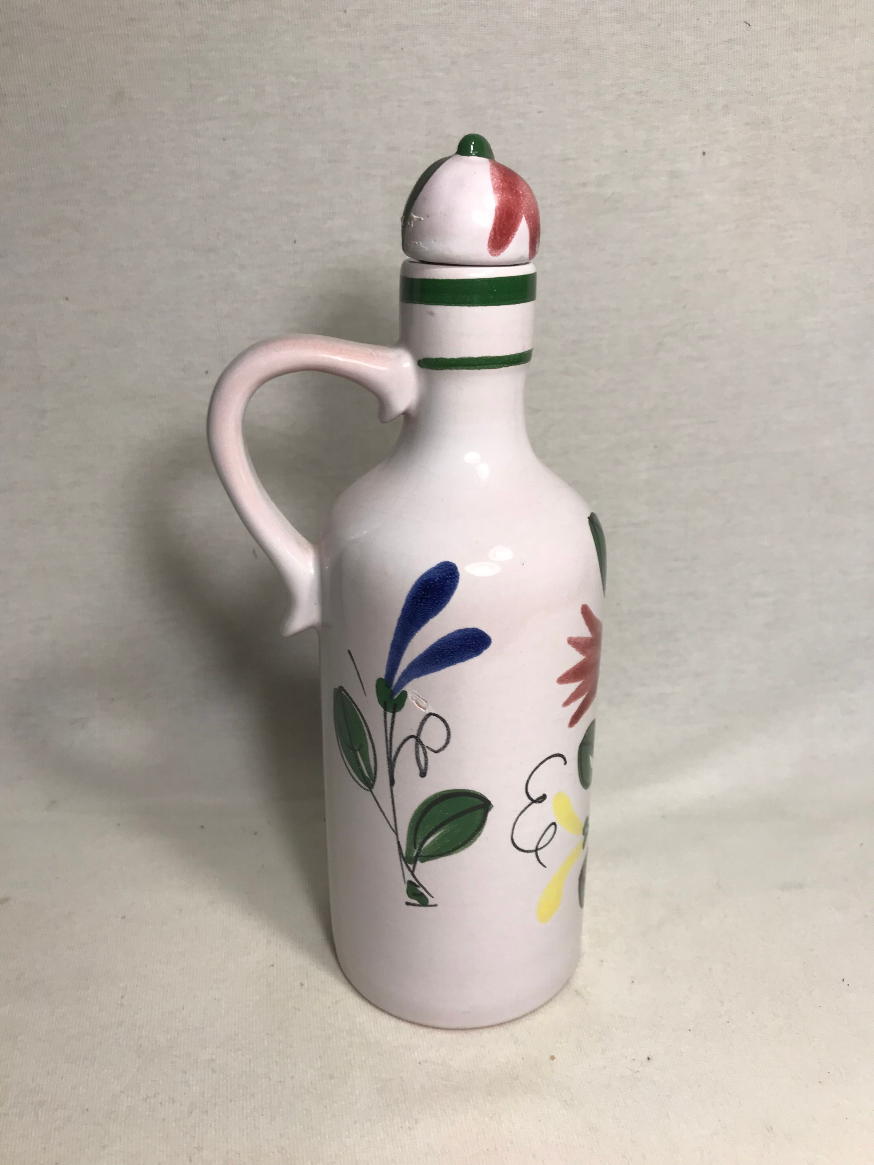 Old bottle Elchingerceramics drawing flowers + Cap France Vintage