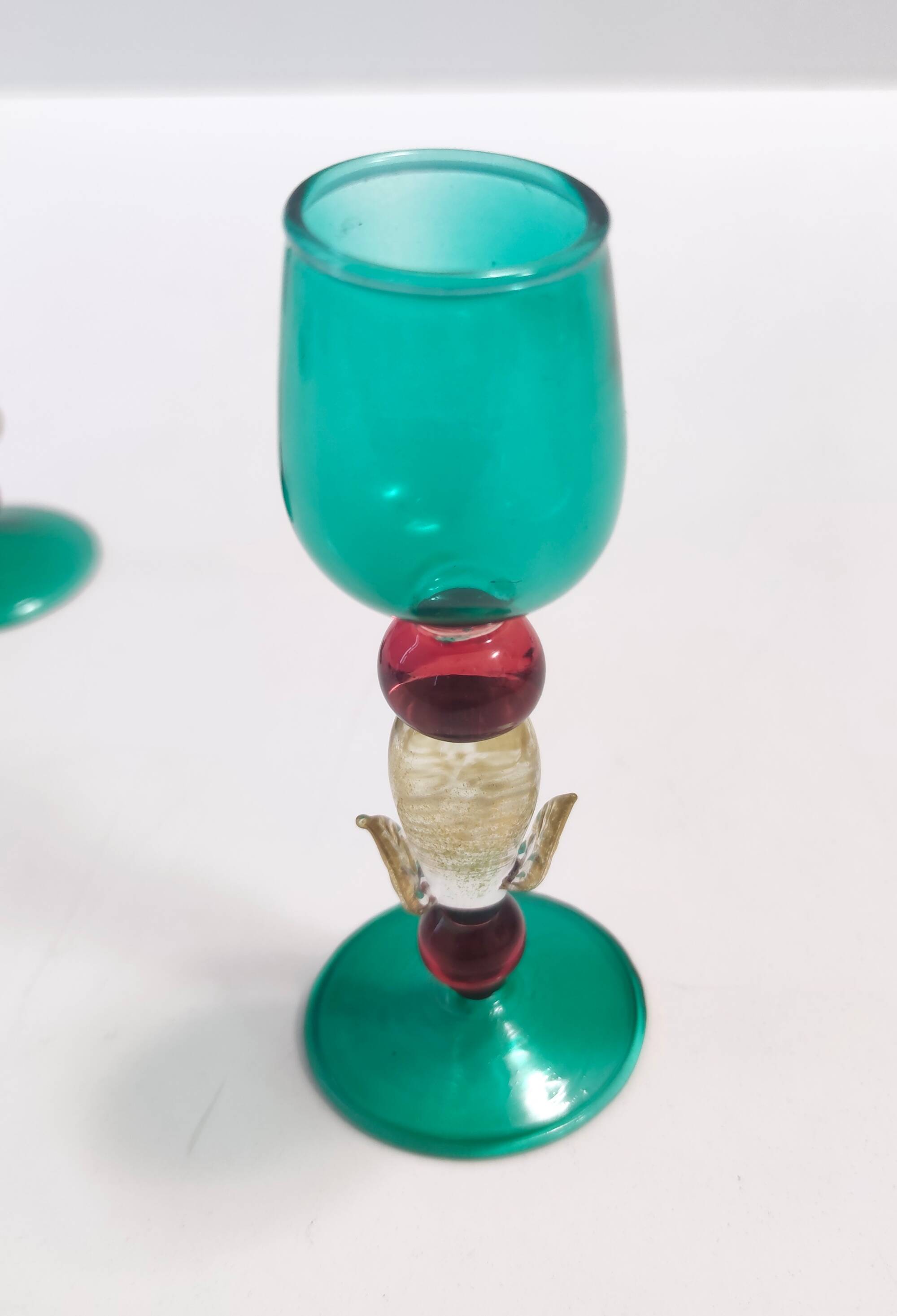 Postmodern Pair of Teal, Red and Gold Liqueur Glasses by Salviati, Murano, Italy