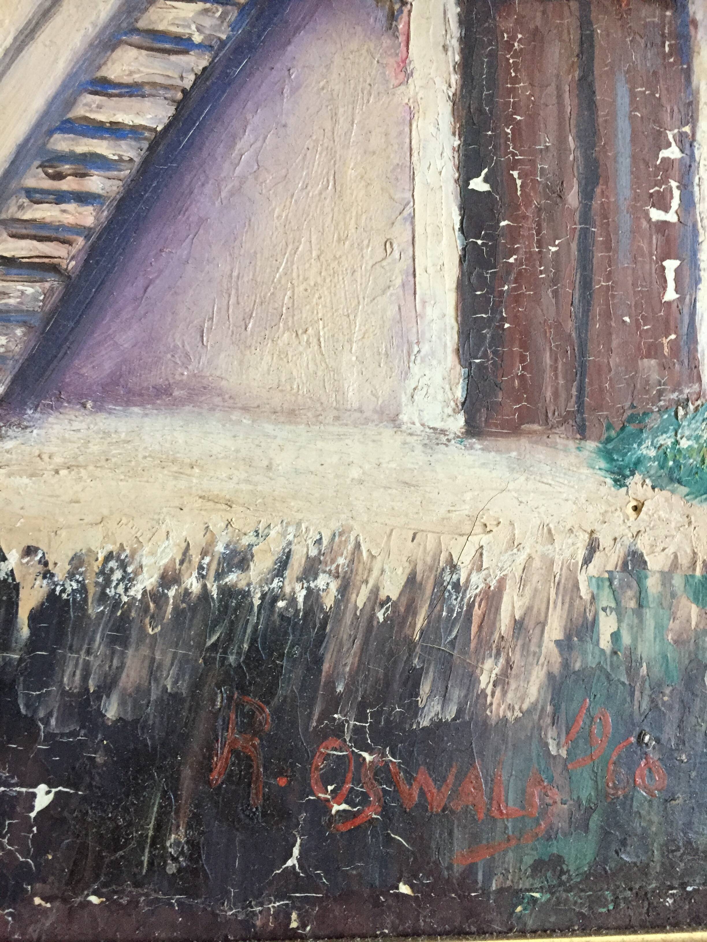 Oil on canvas painting Normande R.Oswald 1960 gilded wooden frame