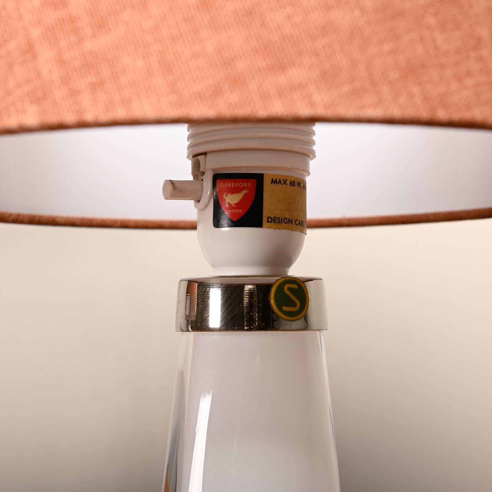 Carl Fagerlund white glass table lamps and dark ochre shades for Orrefors Sweden