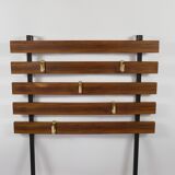 Wall coat rack by Carl Aubock with 5 brass hooks, walnut, iron, Austria, 1950s.