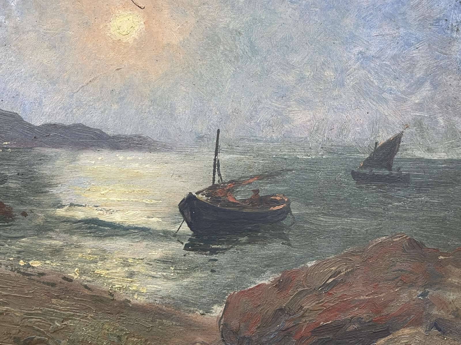 Moonrise at dusk Toulon - Oil on cardboard, signed Victorès