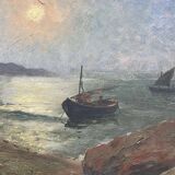 Moonrise at dusk Toulon - Oil on cardboard, signed Victorès