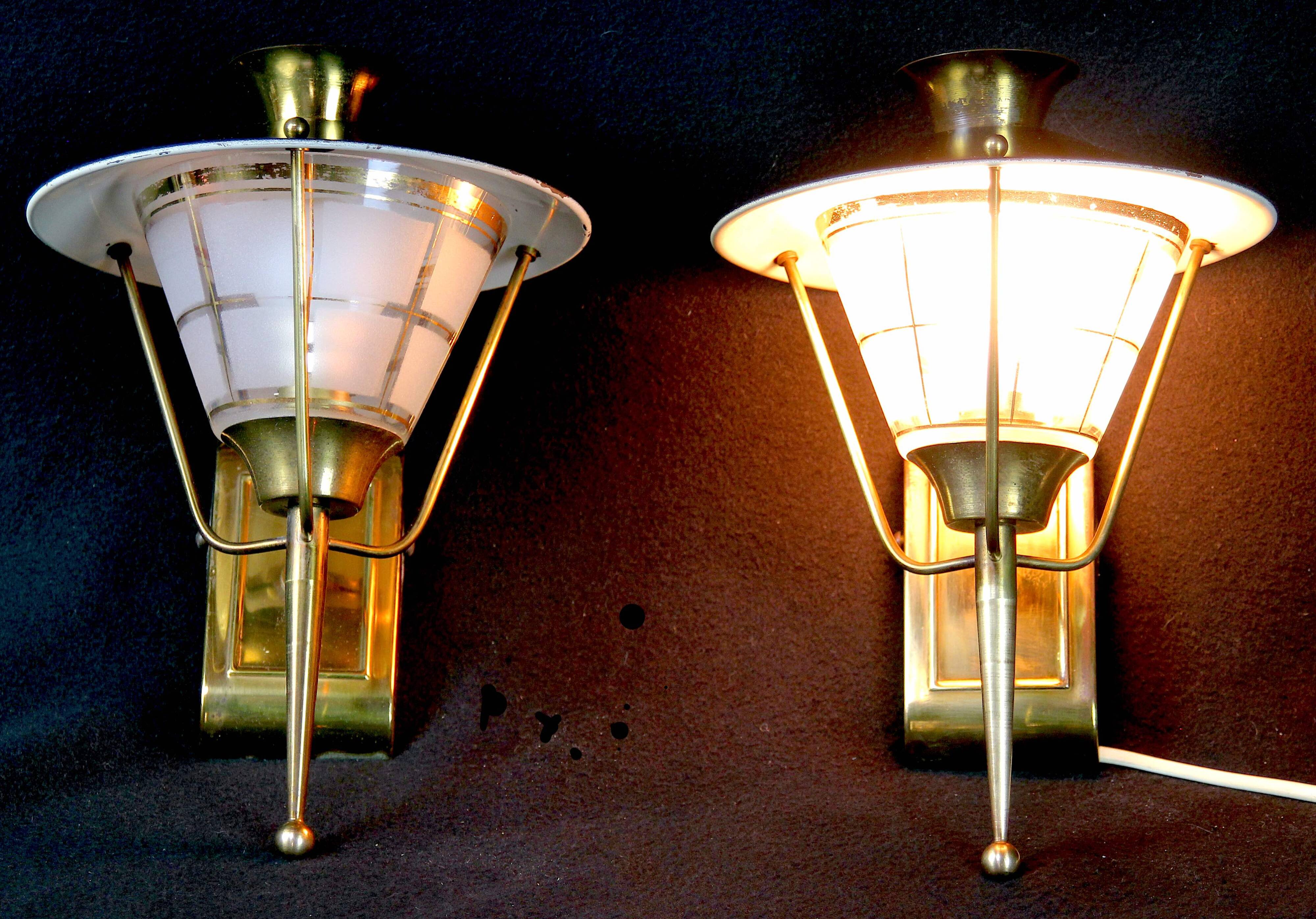 Pair of Sconces or Lanterns, Brass and Glass Maison Lunel, Mid-Century, France