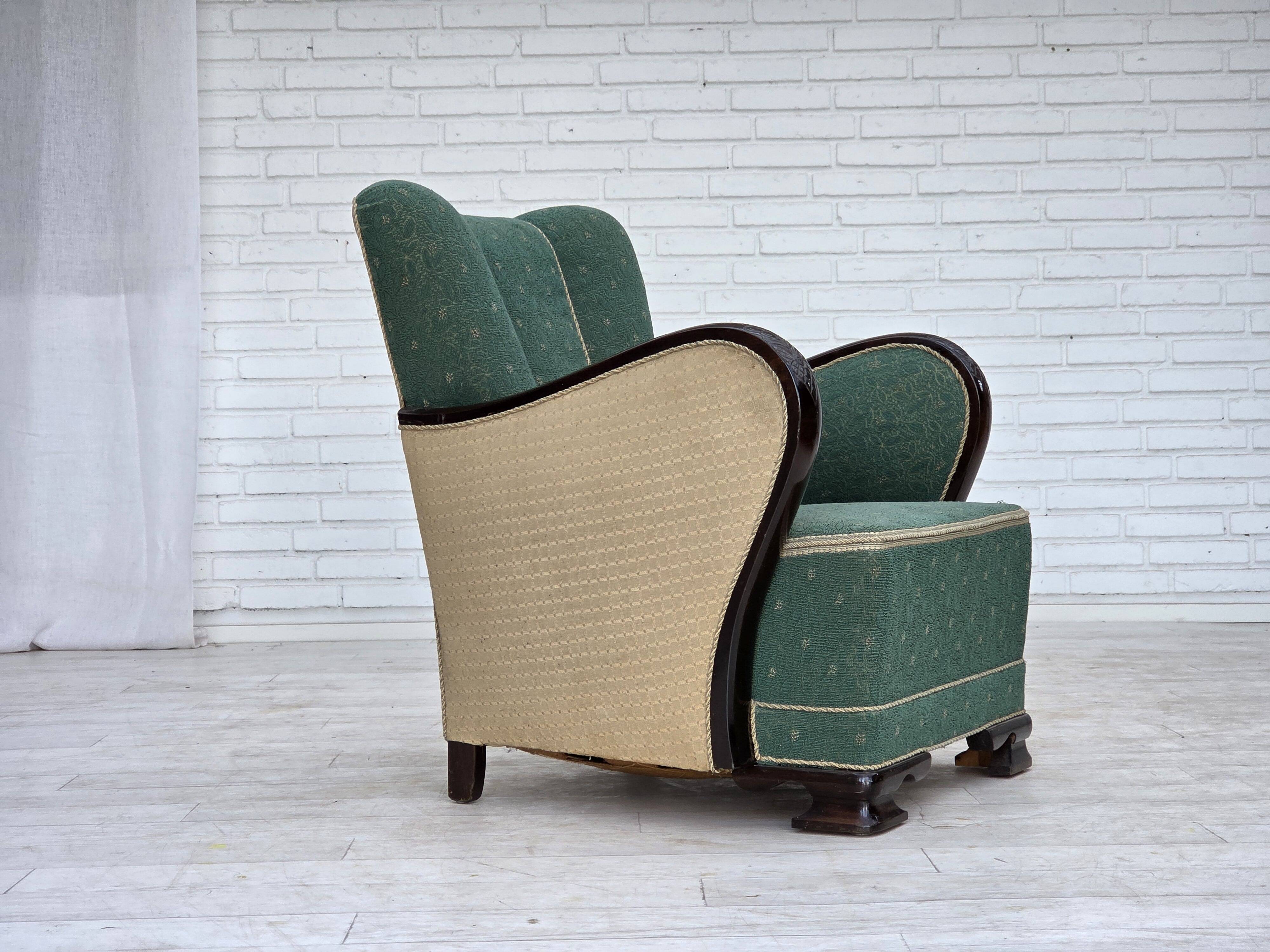 1960s, Danish armchair, green and beige furniture wool.