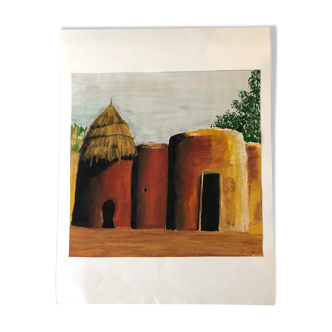 Gouache on paper "African huts"