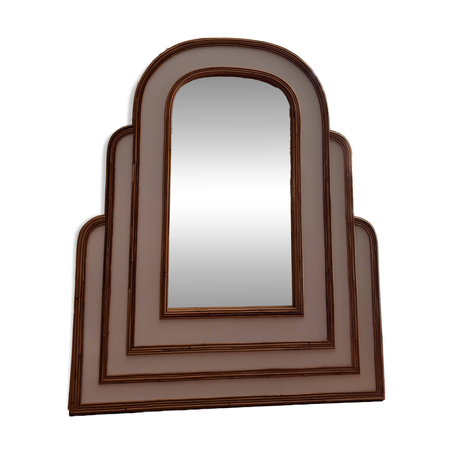Miroir monumental Hollywood Regency tropical en canne de bambou, atr