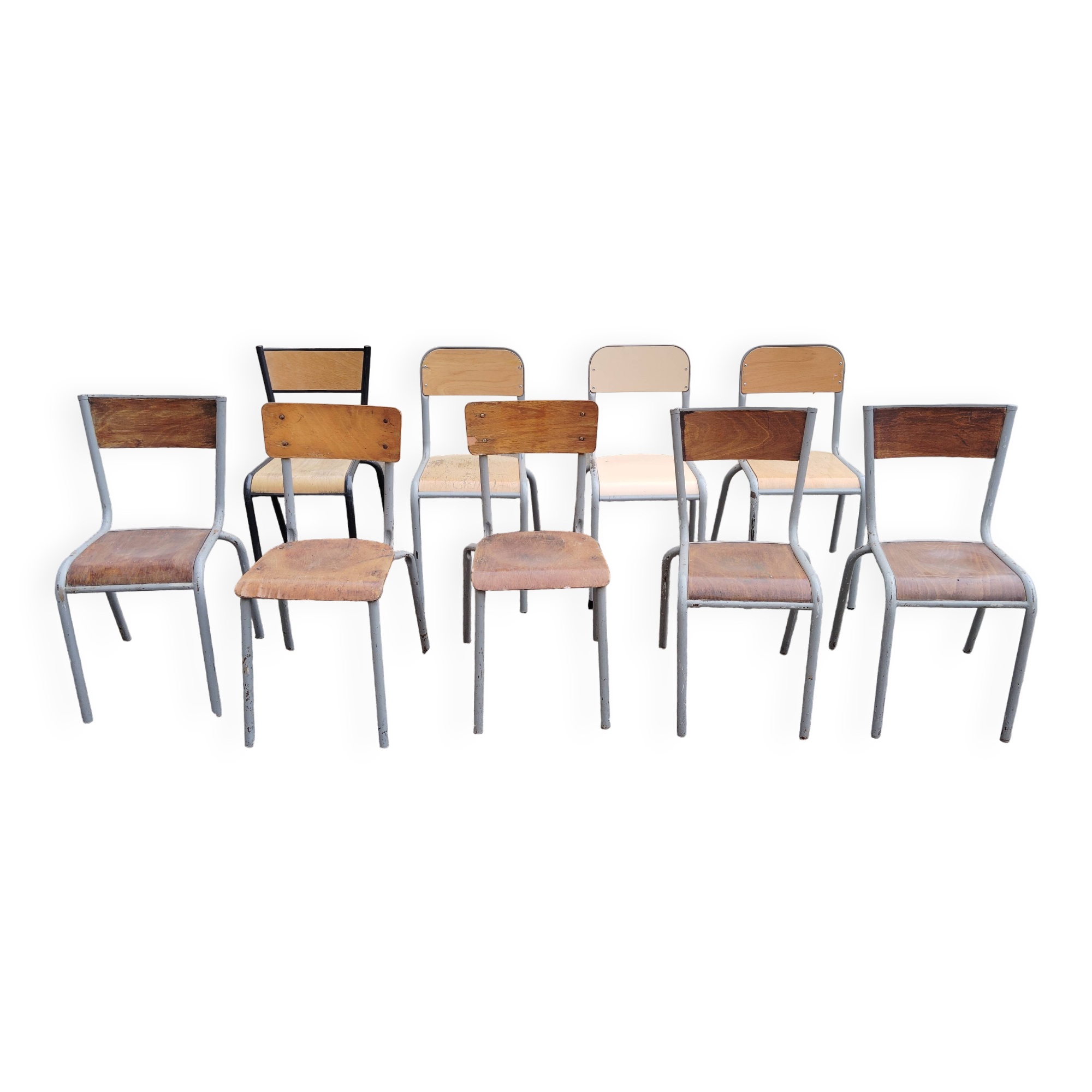 Set of 9 mismatched old school chairs