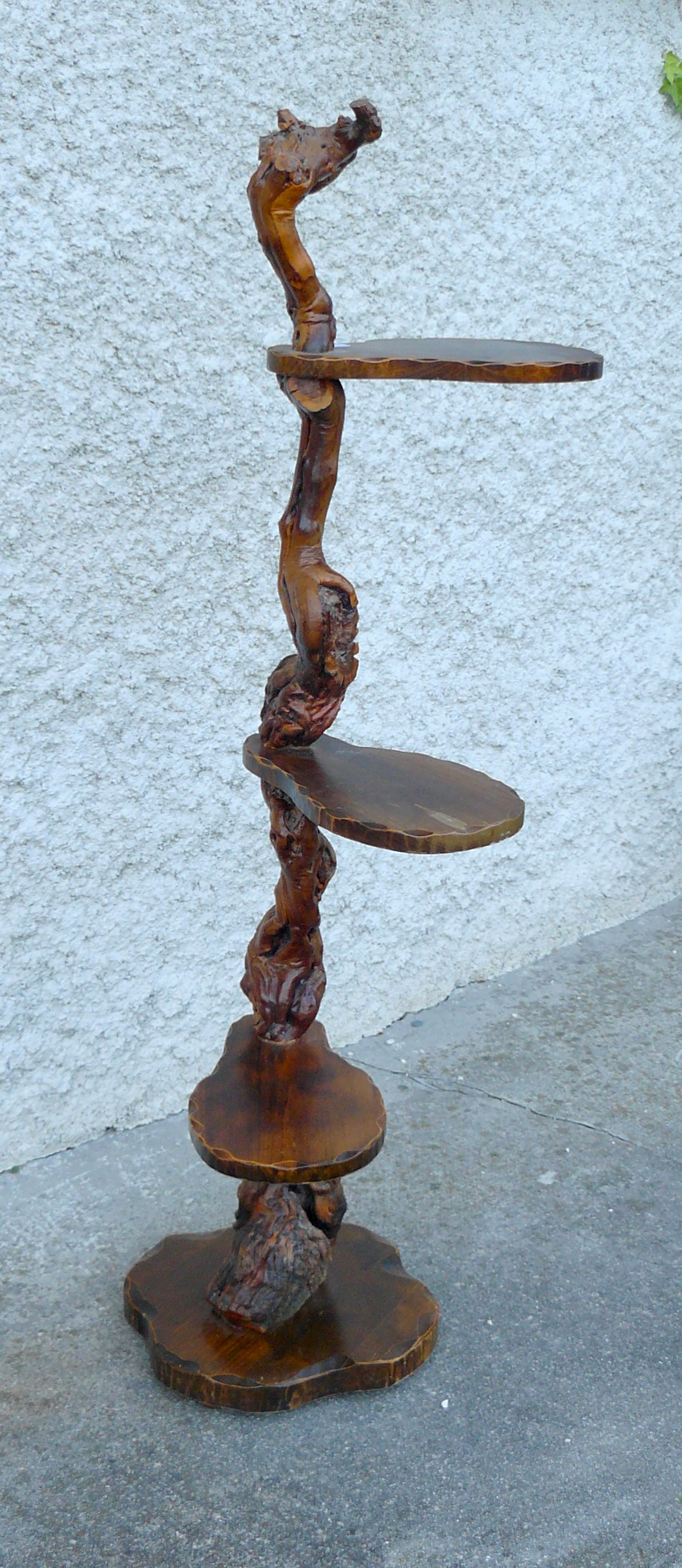 Brutalist shelf wood and vine holder vintage plant 1960