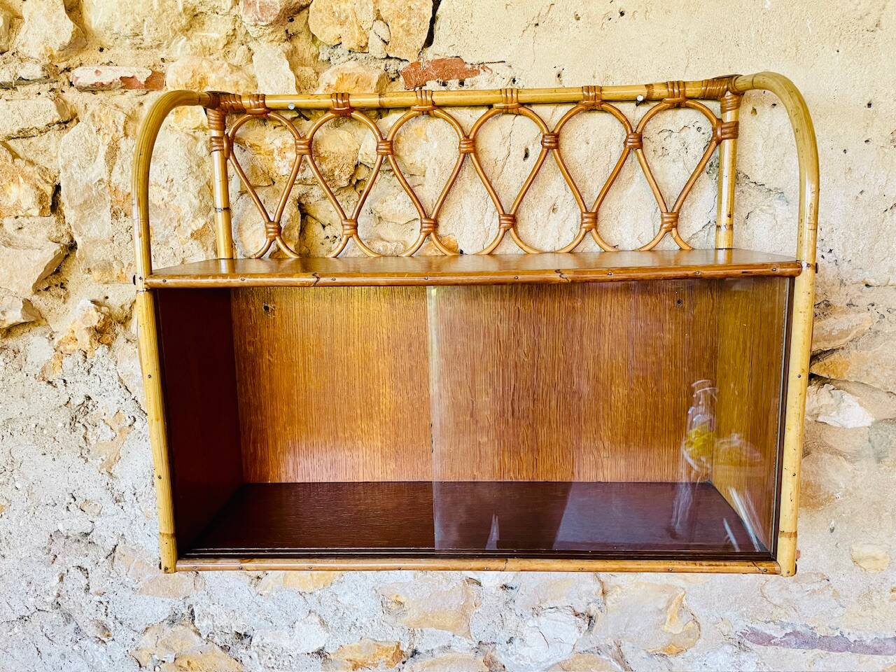 Vintage rattan and bamboo wall shelf with glass door cabinet, 1960s