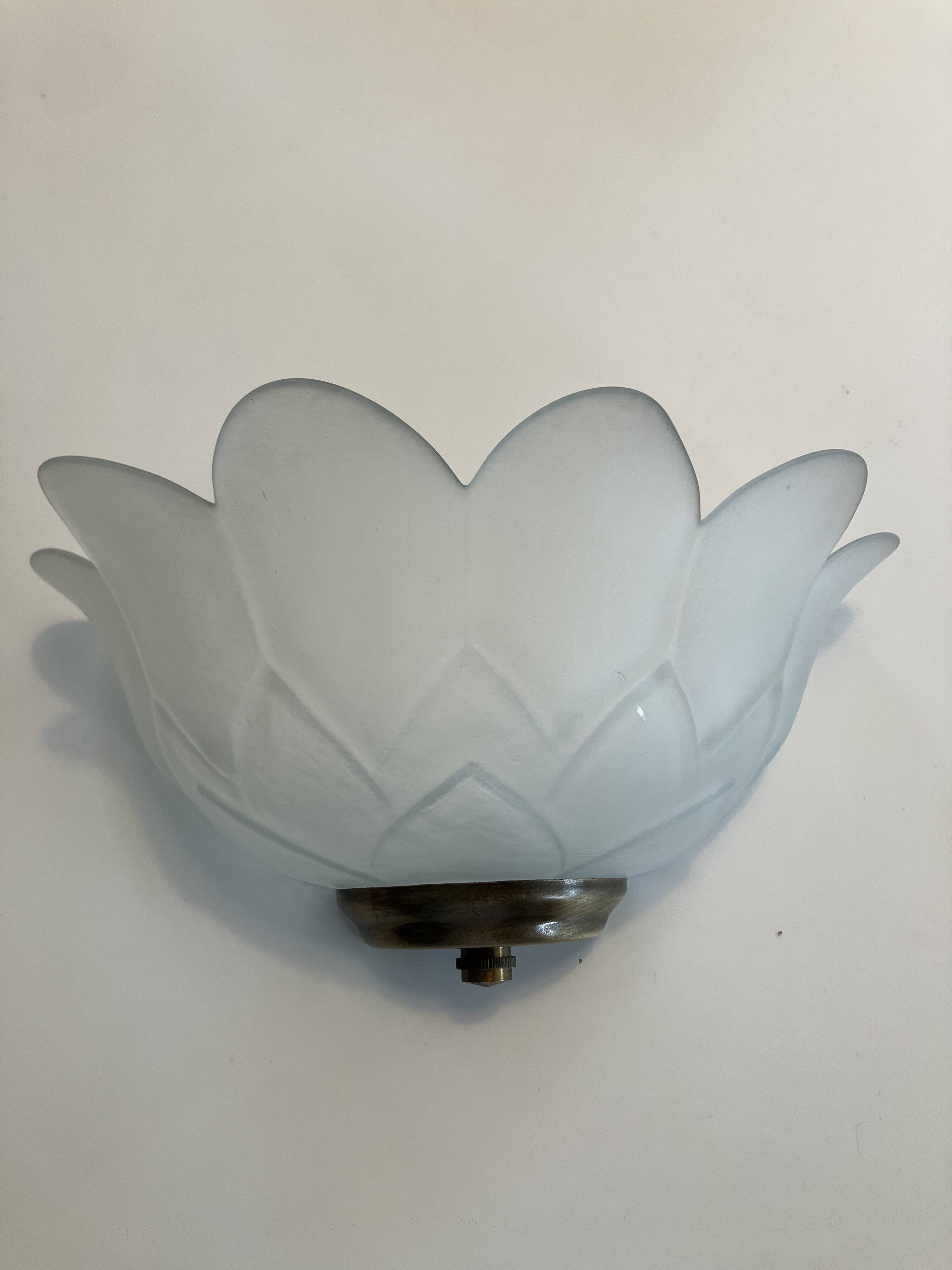 Pair of glass shell wall sconces with brass frames