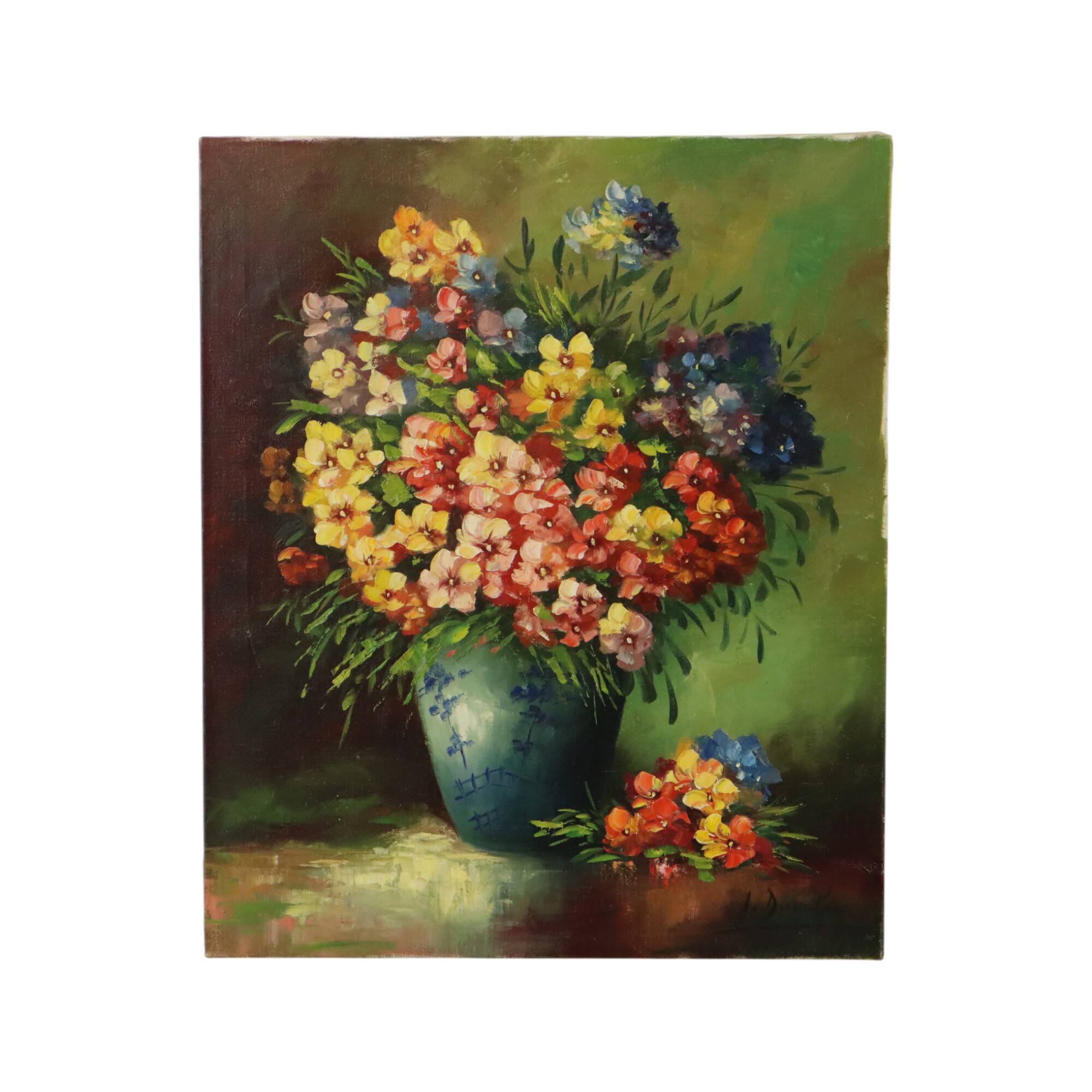 Grande nature morte de fleurs colorées signée 60x50cm