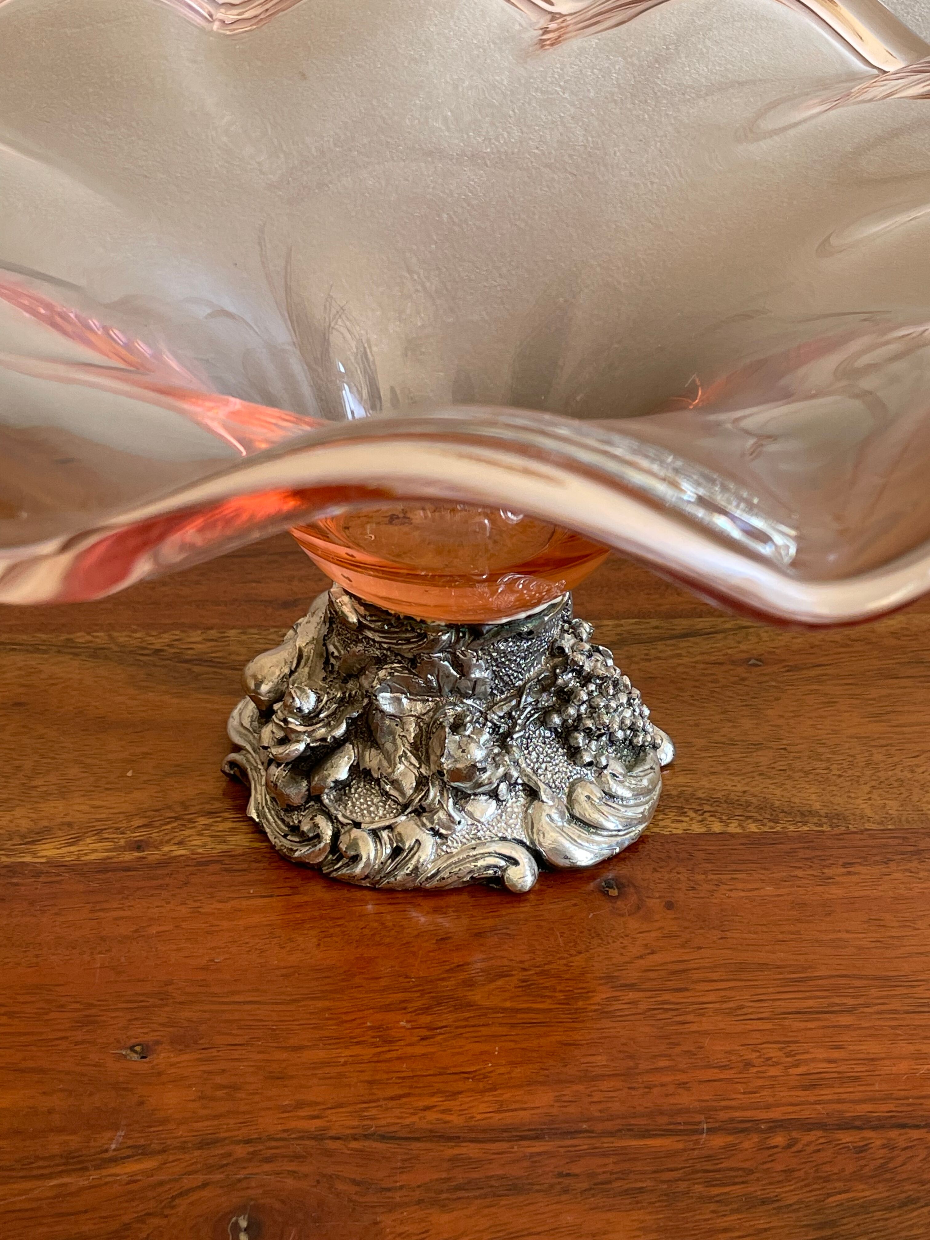 Pink blown glass cup on foot grape decoration