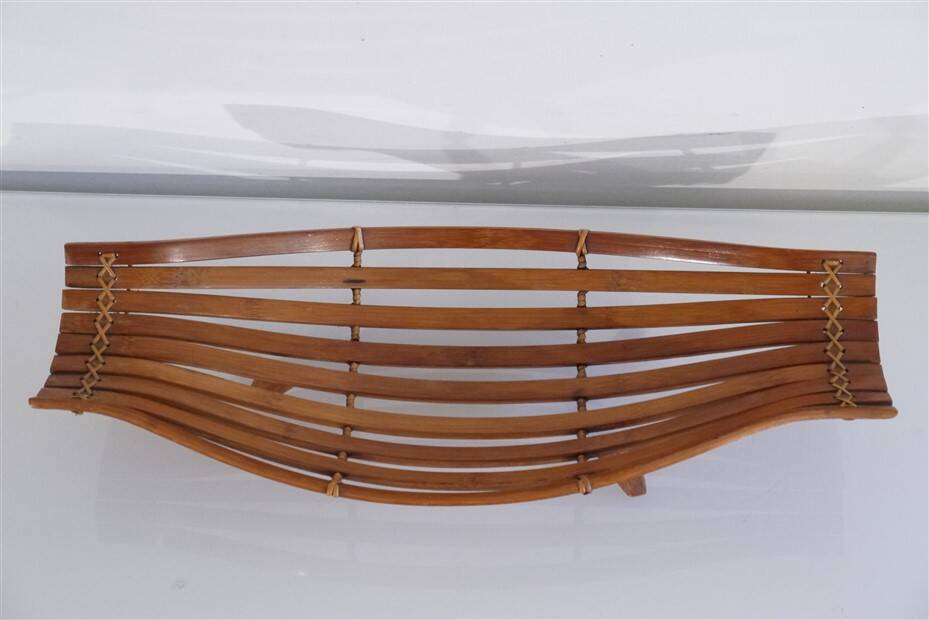 Vintage curved wood and rattan basket 1960