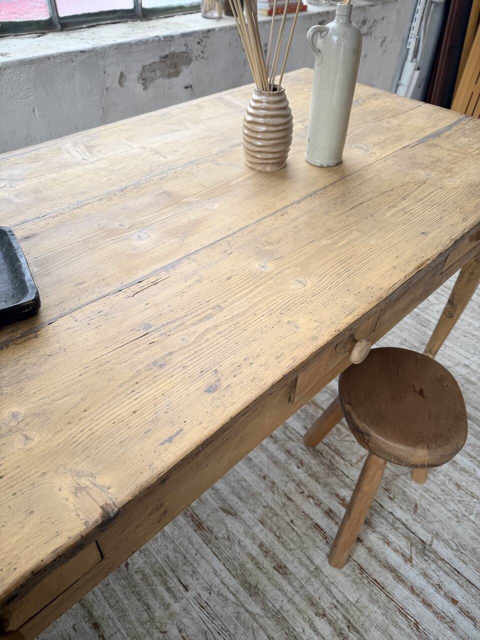 Pine and oak farmhouse table with multiple drawers, communal type, 240cm.
