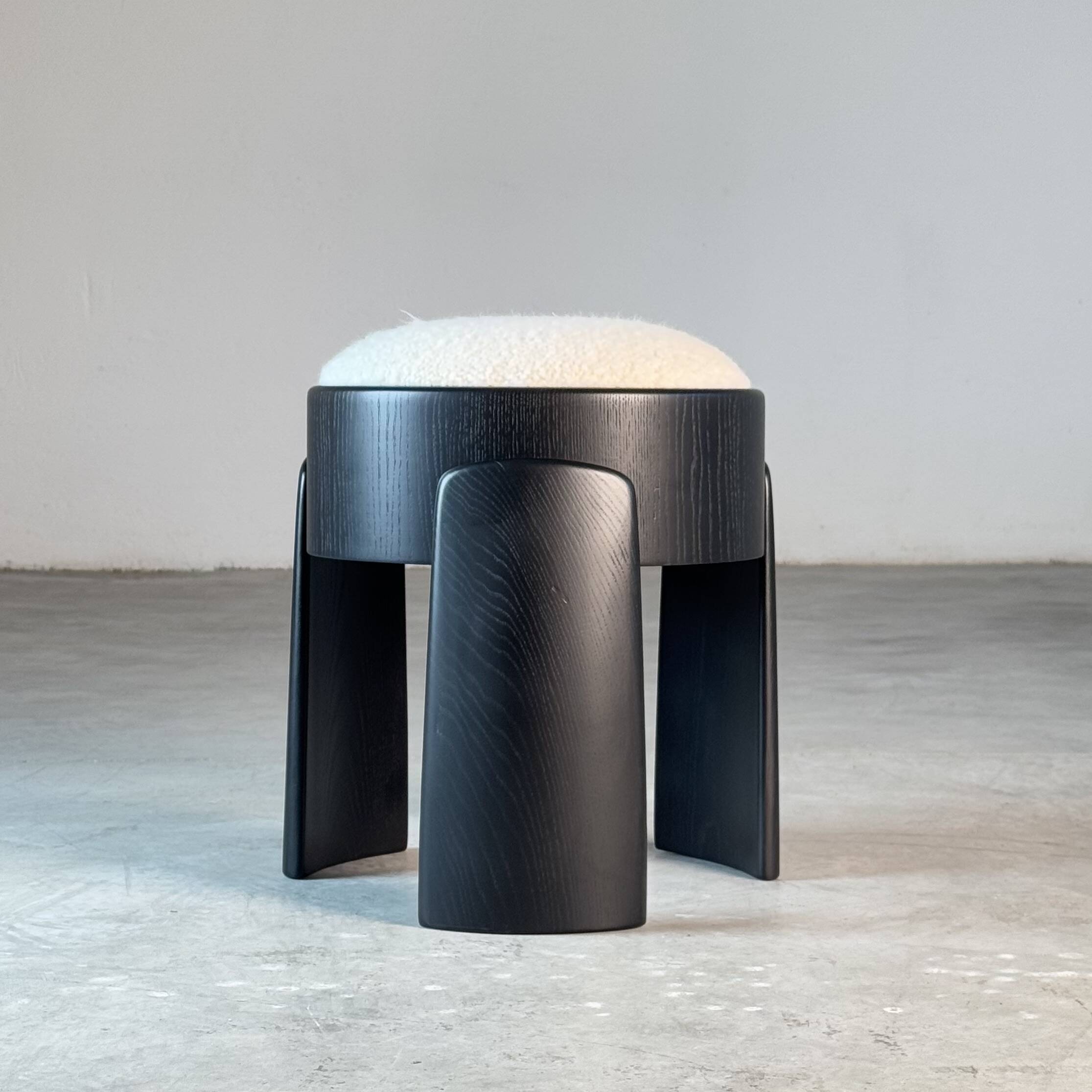 Sculptural Black Ash Wood Stool with Dedar Milano Bouclé Ivory by FORME