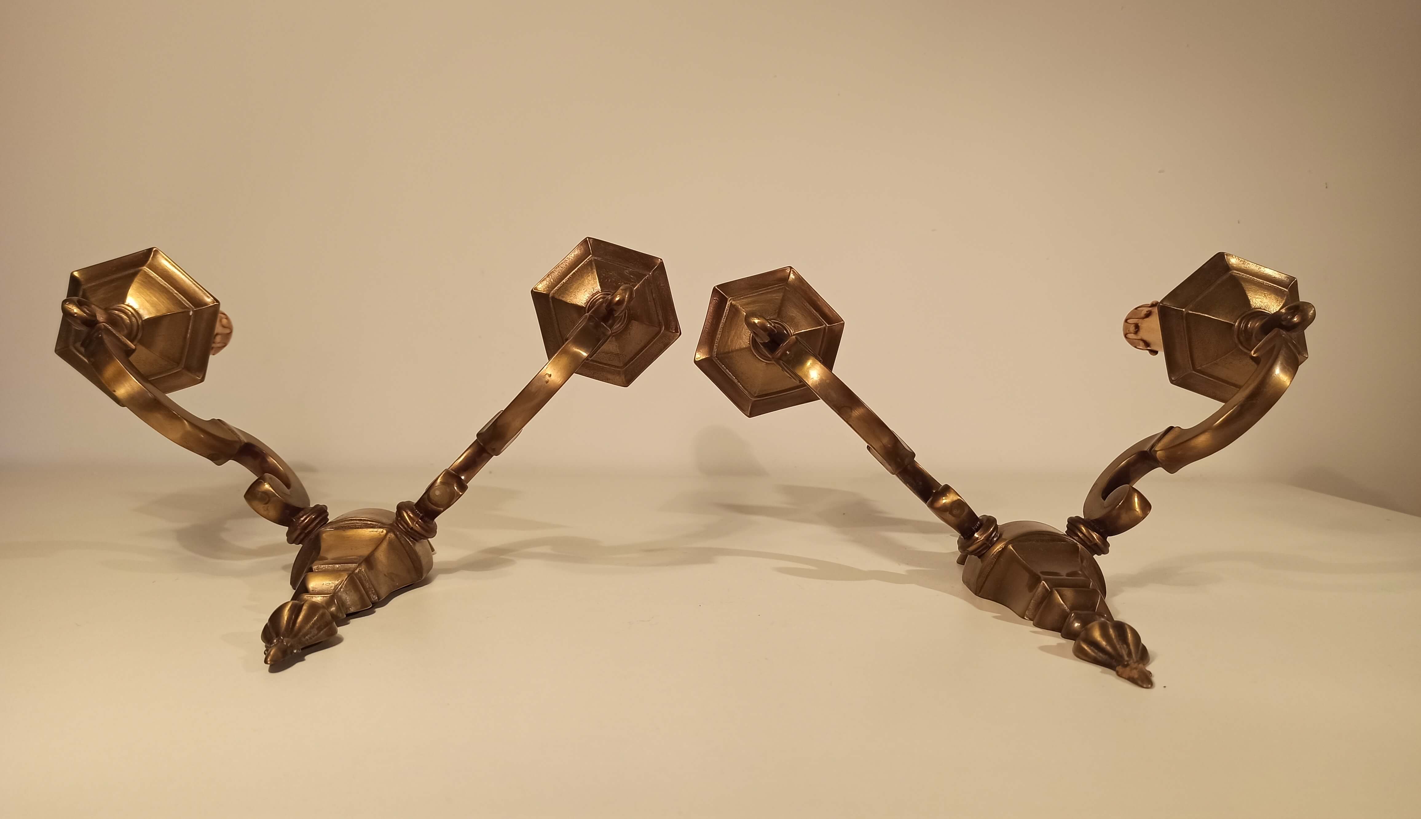 Pair of old Art Deco double lights appliques in bronze