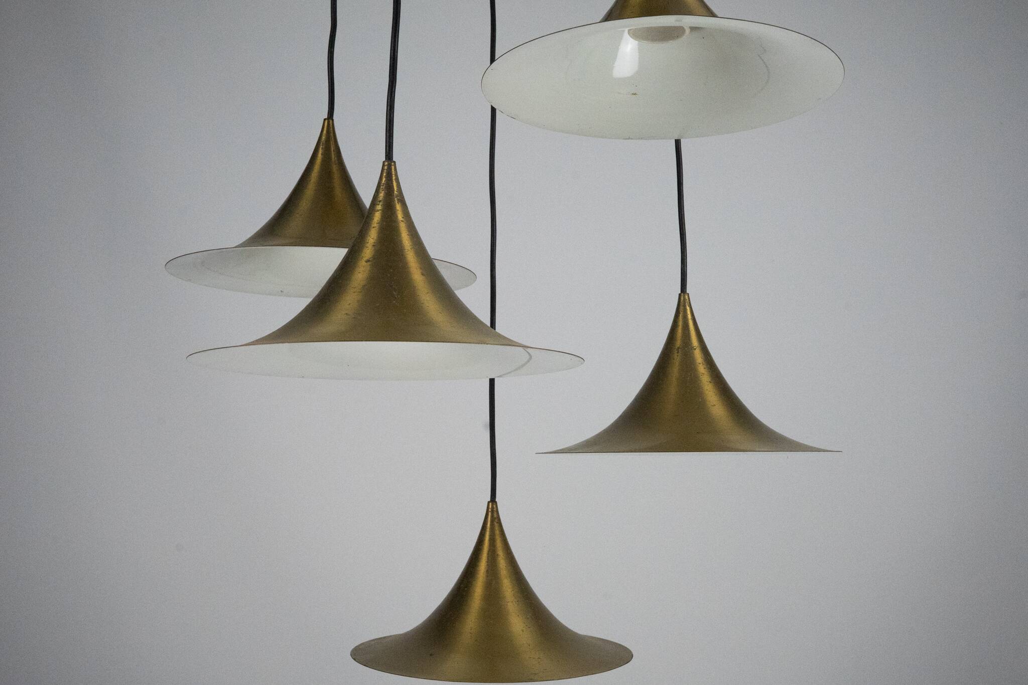 Fog & Morup, Midcentury Brass Pendant with Five Pendant Drops. Danmark 1960