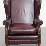 Bordeaux Red Cowhide Wingback Chair in English Style