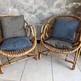 50s rattan armchairs. Pair of armchairs