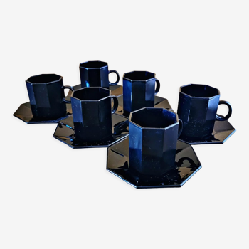 6 tasses avec sous tasses noires forme octogonale esso collection
